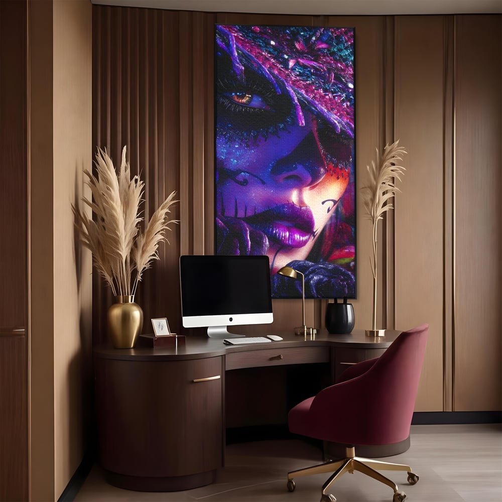 Tablou Canvas Premium, LuxCanva® G1156, Privirea care Vrajeste, Noapte, Mov, Palarie, Tatuaj, Trandafiri, Violet, Suflet, Ratacire, Mexic, Decorativ, Intens, Fascinant, Birou, Living, Dormitor