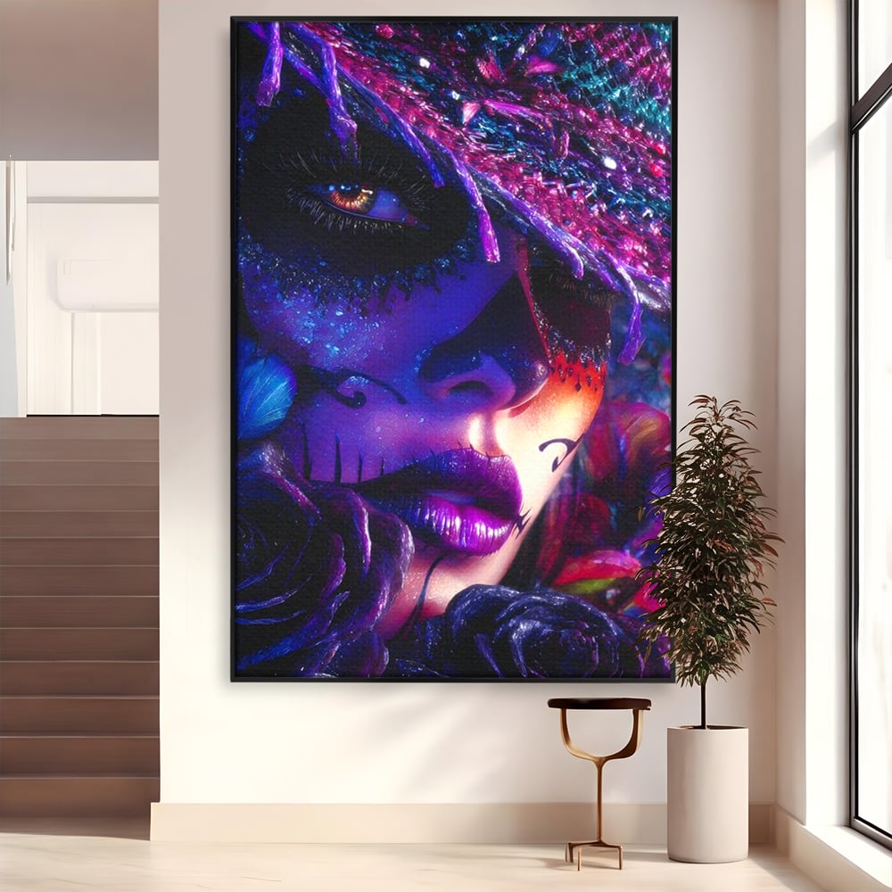 Tablou Canvas Premium, LuxCanva® G1156, Privirea care Vrajeste, Noapte, Mov, Palarie, Tatuaj, Trandafiri, Violet, Suflet, Ratacire, Mexic, Decorativ, Intens, Fascinant, Birou, Living, Dormitor