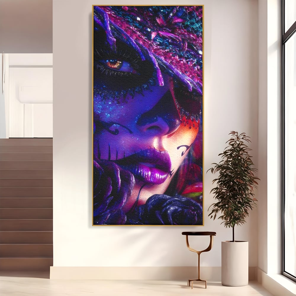 Tablou Canvas Premium, LuxCanva® G1156, Privirea care Vrajeste, Noapte, Mov, Palarie, Tatuaj, Trandafiri, Violet, Suflet, Ratacire, Mexic, Decorativ, Intens, Fascinant, Birou, Living, Dormitor