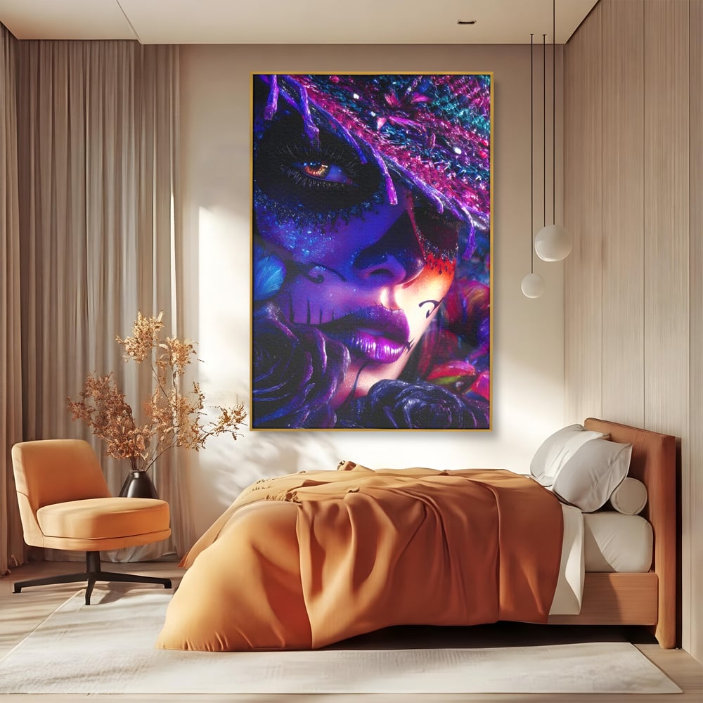 Tablou Canvas Premium, LuxCanva® G1156, Privirea care Vrajeste, Noapte, Mov, Palarie, Tatuaj, Trandafiri, Violet, Suflet, Ratacire, Mexic, Decorativ, Intens, Fascinant, Birou, Living, Dormitor