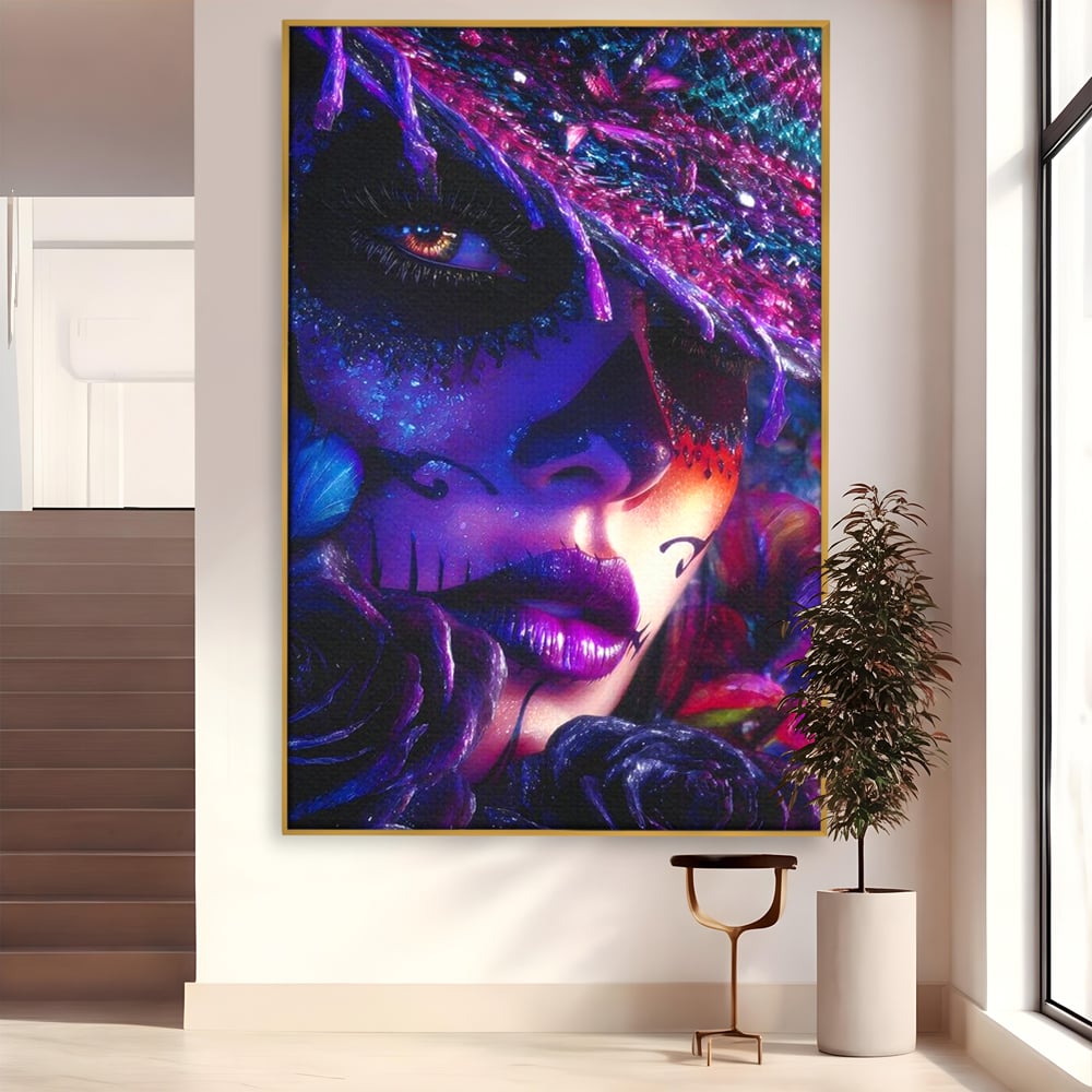 Tablou Canvas Premium, LuxCanva® G1156, Privirea care Vrajeste, Noapte, Mov, Palarie, Tatuaj, Trandafiri, Violet, Suflet, Ratacire, Mexic, Decorativ, Intens, Fascinant, Birou, Living, Dormitor