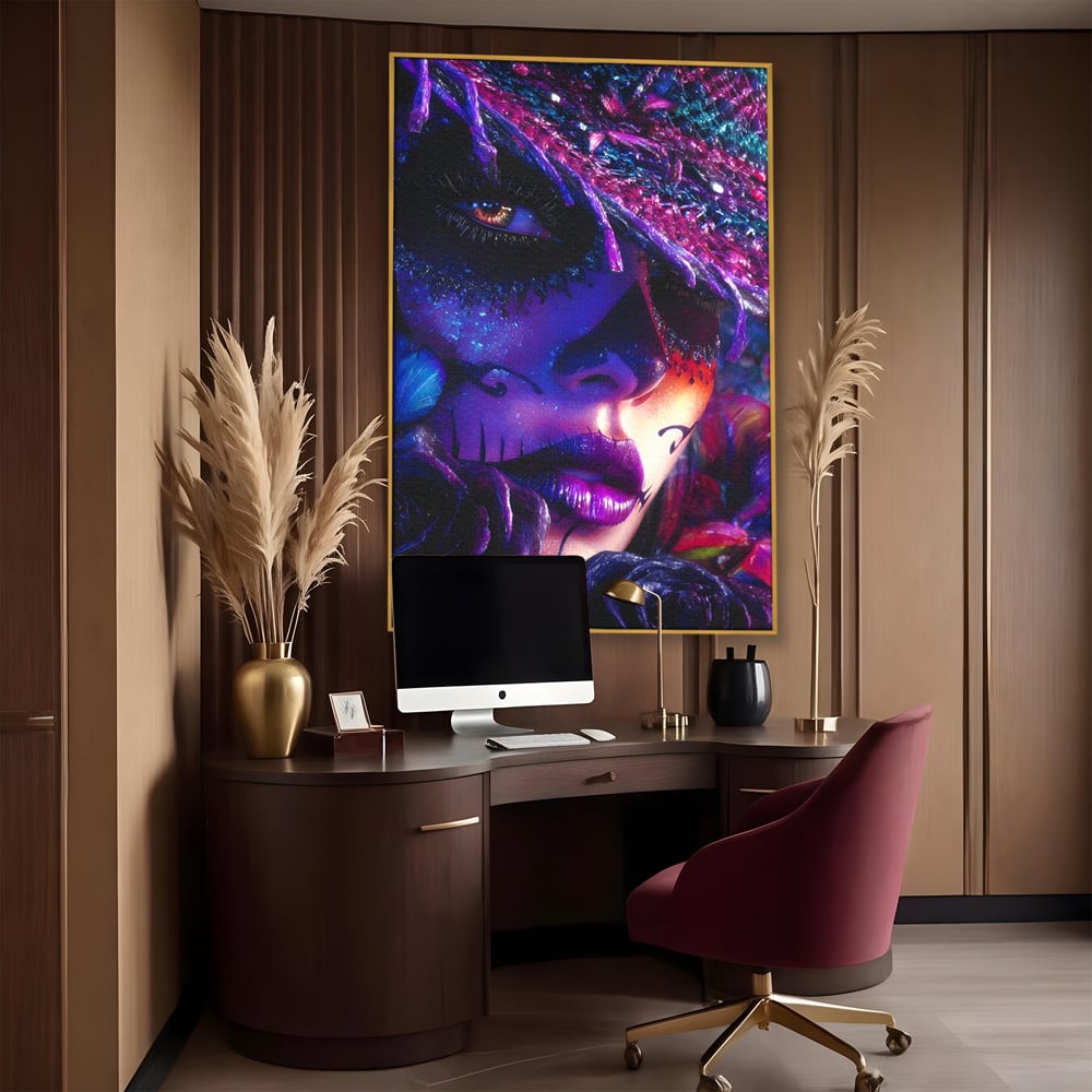 Tablou Canvas Premium, LuxCanva® G1156, Privirea care Vrajeste, Noapte, Mov, Palarie, Tatuaj, Trandafiri, Violet, Suflet, Ratacire, Mexic, Decorativ, Intens, Fascinant, Birou, Living, Dormitor