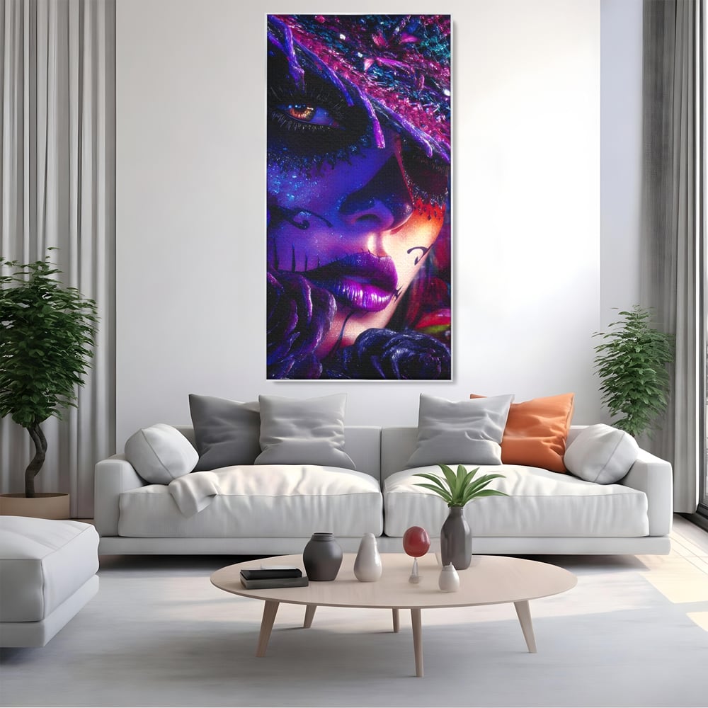 Tablou Canvas Premium, LuxCanva® G1156, Privirea care Vrajeste, Noapte, Mov, Palarie, Tatuaj, Trandafiri, Violet, Suflet, Ratacire, Mexic, Decorativ, Intens, Fascinant, Birou, Living, Dormitor