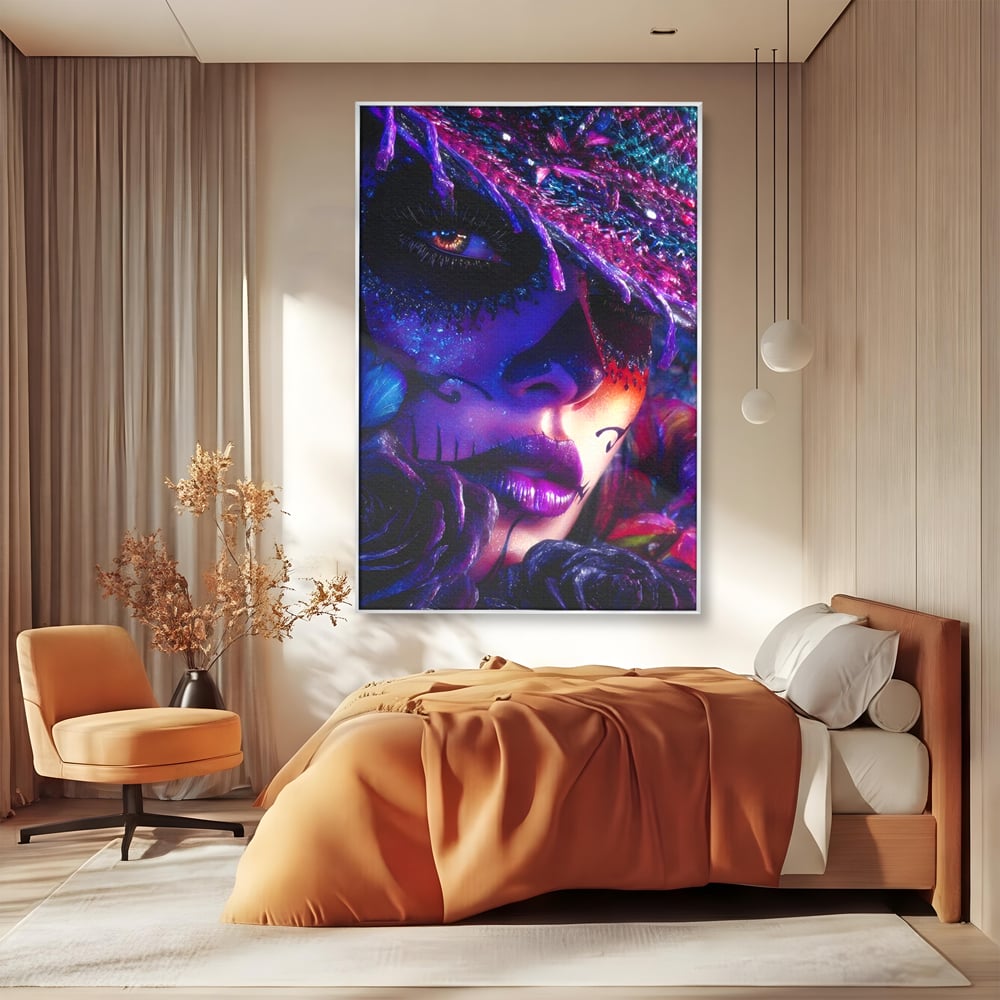 Tablou Canvas Premium, LuxCanva® G1156, Privirea care Vrajeste, Noapte, Mov, Palarie, Tatuaj, Trandafiri, Violet, Suflet, Ratacire, Mexic, Decorativ, Intens, Fascinant, Birou, Living, Dormitor