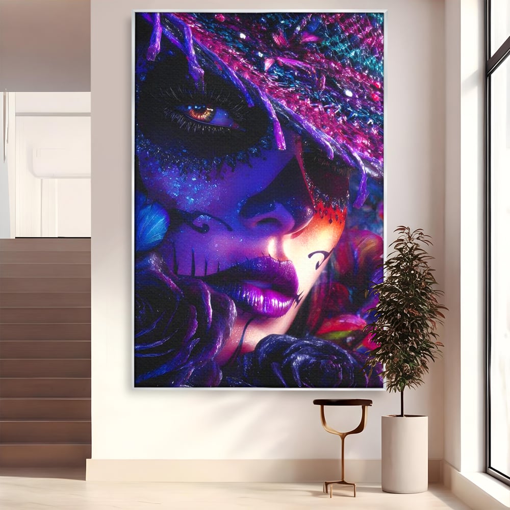 Tablou Canvas Premium, LuxCanva® G1156, Privirea care Vrajeste, Noapte, Mov, Palarie, Tatuaj, Trandafiri, Violet, Suflet, Ratacire, Mexic, Decorativ, Intens, Fascinant, Birou, Living, Dormitor