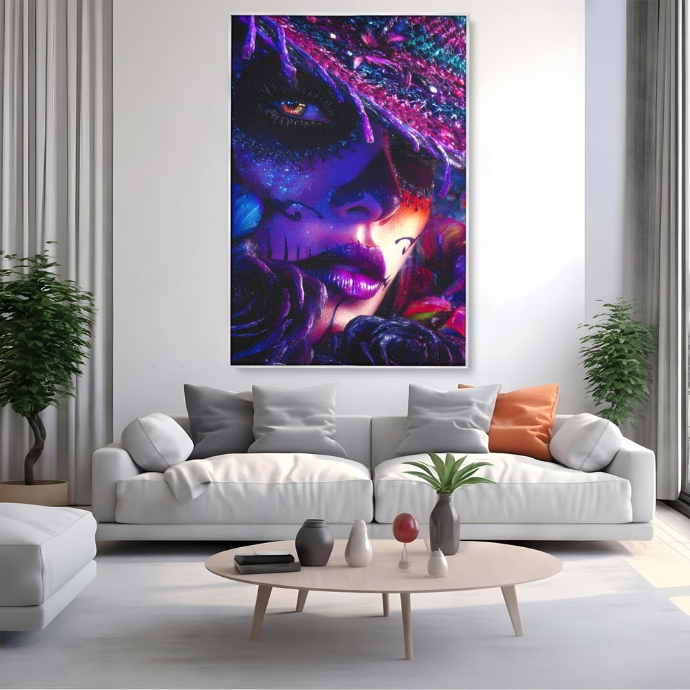 Tablou Canvas Premium, LuxCanva® G1156, Privirea care Vrajeste, Noapte, Mov, Palarie, Tatuaj, Trandafiri, Violet, Suflet, Ratacire, Mexic, Decorativ, Intens, Fascinant, Birou, Living, Dormitor