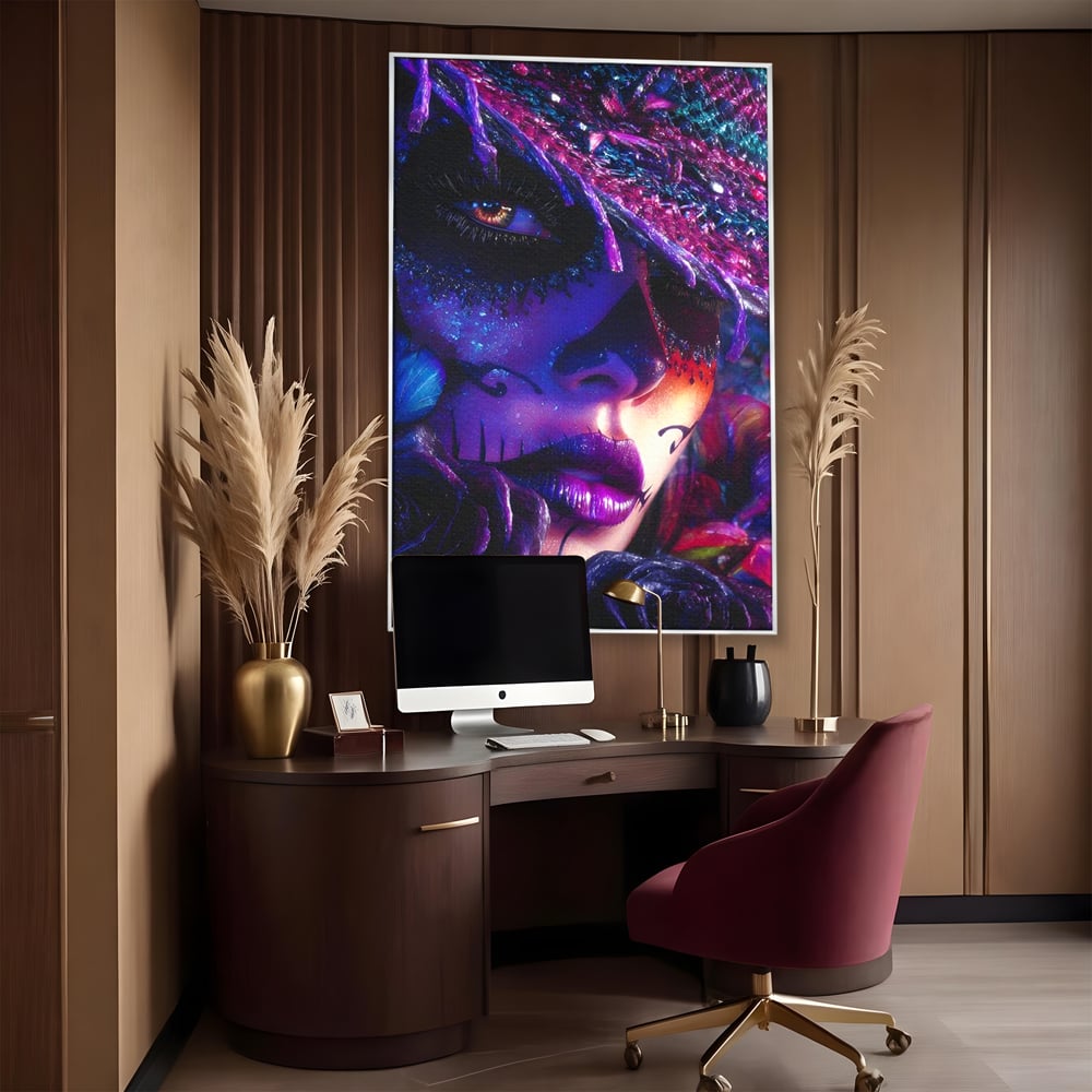 Tablou Canvas Premium, LuxCanva® G1156, Privirea care Vrajeste, Noapte, Mov, Palarie, Tatuaj, Trandafiri, Violet, Suflet, Ratacire, Mexic, Decorativ, Intens, Fascinant, Birou, Living, Dormitor