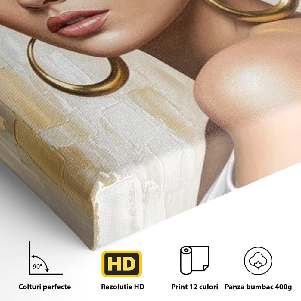 Leinwandbilder Premium, LuxCanva® G1157, Frau mit goldenen Ohrringen, Feminin, Eleganz, Blume, Weiß, Gold, Blick, Katzenauge, Katzenauge, Latina, Jasmin, Schmuck, Zeitlos, Büro, Wohnzimmer, Schlafzimmer
