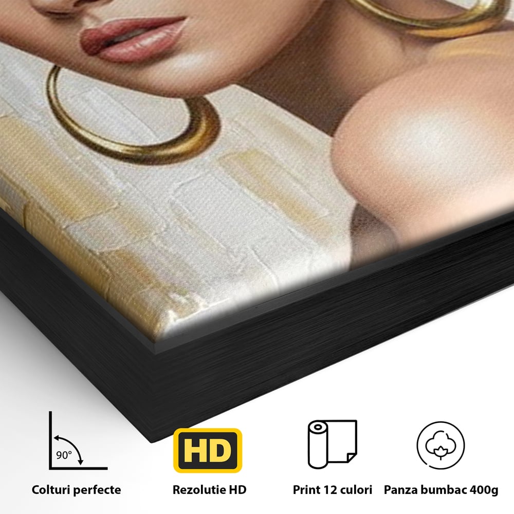 Leinwandbilder Premium, LuxCanva® G1157, Frau mit goldenen Ohrringen, Feminin, Eleganz, Blume, Weiß, Gold, Blick, Katzenauge, Katzenauge, Latina, Jasmin, Schmuck, Zeitlos, Büro, Wohnzimmer, Schlafzimmer