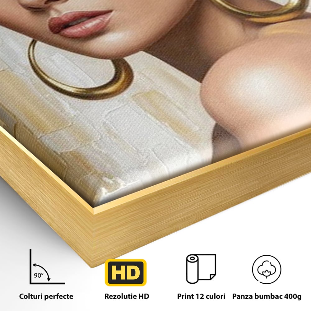 Leinwandbilder Premium, LuxCanva® G1157, Frau mit goldenen Ohrringen, Feminin, Eleganz, Blume, Weiß, Gold, Blick, Katzenauge, Katzenauge, Latina, Jasmin, Schmuck, Zeitlos, Büro, Wohnzimmer, Schlafzimmer