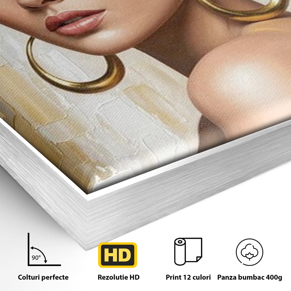 Leinwandbilder Premium, LuxCanva® G1157, Frau mit goldenen Ohrringen, Feminin, Eleganz, Blume, Weiß, Gold, Blick, Katzenauge, Katzenauge, Latina, Jasmin, Schmuck, Zeitlos, Büro, Wohnzimmer, Schlafzimmer