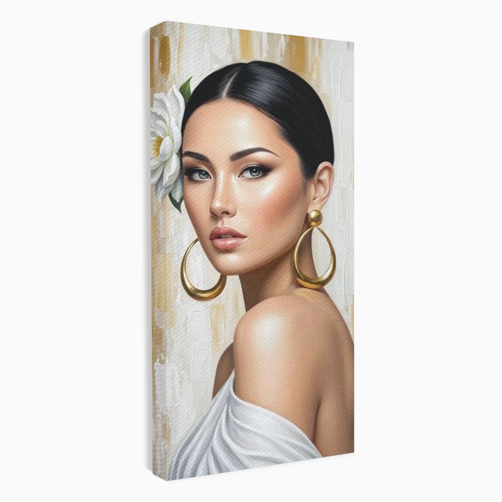 Leinwandbilder Premium, LuxCanva® G1157, Frau mit goldenen Ohrringen, Feminin, Eleganz, Blume, Weiß, Gold, Blick, Katzenauge, Katzenauge, Latina, Jasmin, Schmuck, Zeitlos, Büro, Wohnzimmer, Schlafzimmer