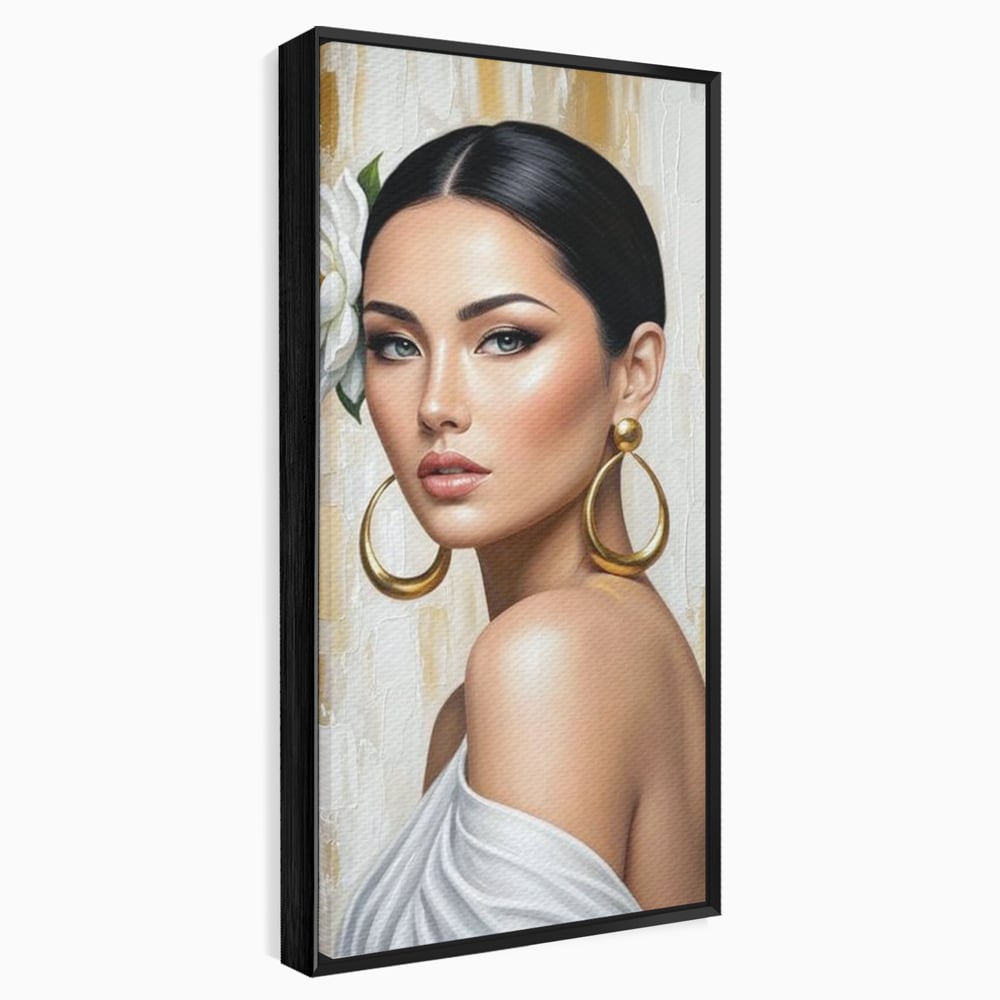Leinwandbilder Premium, LuxCanva® G1157, Frau mit goldenen Ohrringen, Feminin, Eleganz, Blume, Weiß, Gold, Blick, Katzenauge, Katzenauge, Latina, Jasmin, Schmuck, Zeitlos, Büro, Wohnzimmer, Schlafzimmer