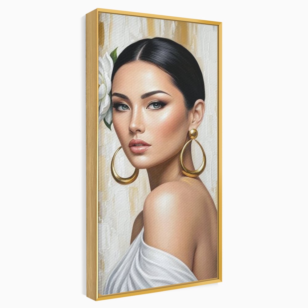 Leinwandbilder Premium, LuxCanva® G1157, Frau mit goldenen Ohrringen, Feminin, Eleganz, Blume, Weiß, Gold, Blick, Katzenauge, Katzenauge, Latina, Jasmin, Schmuck, Zeitlos, Büro, Wohnzimmer, Schlafzimmer