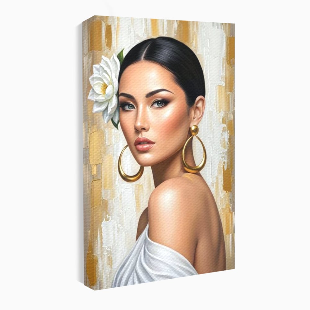Leinwandbilder Premium, LuxCanva® G1157, Frau mit goldenen Ohrringen, Feminin, Eleganz, Blume, Weiß, Gold, Blick, Katzenauge, Katzenauge, Latina, Jasmin, Schmuck, Zeitlos, Büro, Wohnzimmer, Schlafzimmer
