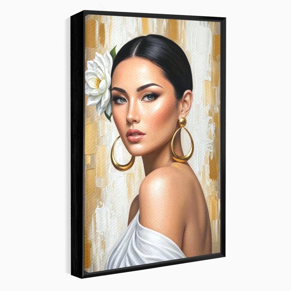 Leinwandbilder Premium, LuxCanva® G1157, Frau mit goldenen Ohrringen, Feminin, Eleganz, Blume, Weiß, Gold, Blick, Katzenauge, Katzenauge, Latina, Jasmin, Schmuck, Zeitlos, Büro, Wohnzimmer, Schlafzimmer