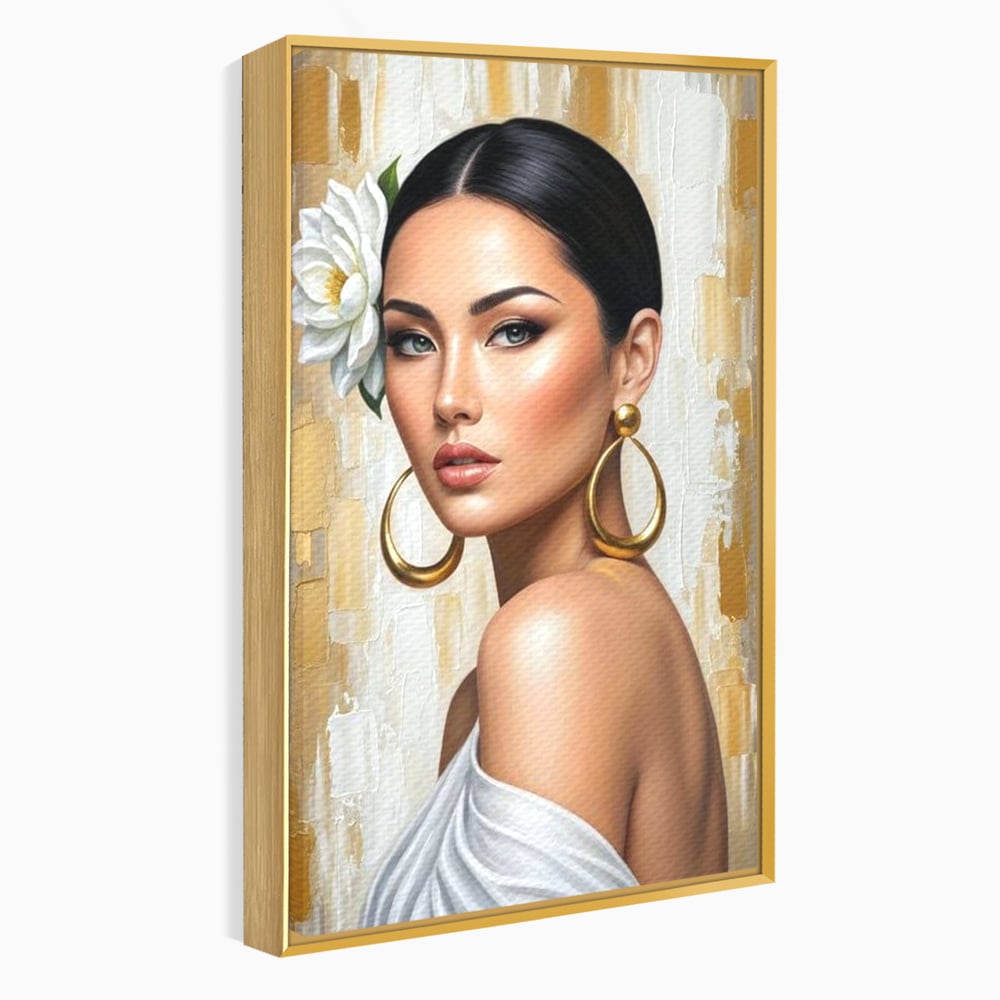 Leinwandbilder Premium, LuxCanva® G1157, Frau mit goldenen Ohrringen, Feminin, Eleganz, Blume, Weiß, Gold, Blick, Katzenauge, Katzenauge, Latina, Jasmin, Schmuck, Zeitlos, Büro, Wohnzimmer, Schlafzimmer