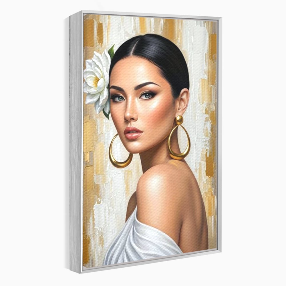 Leinwandbilder Premium, LuxCanva® G1157, Frau mit goldenen Ohrringen, Feminin, Eleganz, Blume, Weiß, Gold, Blick, Katzenauge, Katzenauge, Latina, Jasmin, Schmuck, Zeitlos, Büro, Wohnzimmer, Schlafzimmer