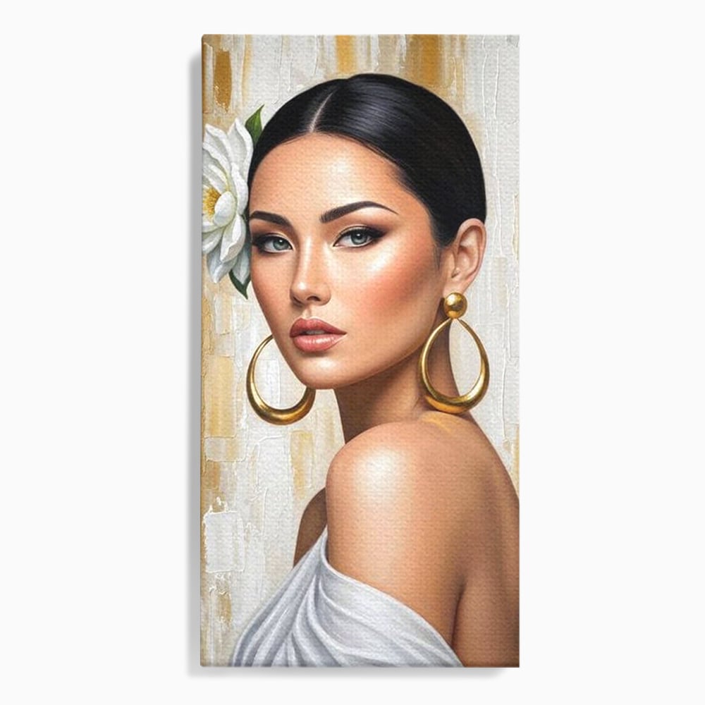 Leinwandbilder Premium, LuxCanva® G1157, Frau mit goldenen Ohrringen, Feminin, Eleganz, Blume, Weiß, Gold, Blick, Katzenauge, Katzenauge, Latina, Jasmin, Schmuck, Zeitlos, Büro, Wohnzimmer, Schlafzimmer