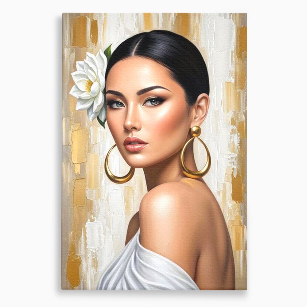 Leinwandbilder Premium, LuxCanva® G1157, Frau mit goldenen Ohrringen, Feminin, Eleganz, Blume, Weiß, Gold, Blick, Katzenauge, Katzenauge, Latina, Jasmin, Schmuck, Zeitlos, Büro, Wohnzimmer, Schlafzimmer