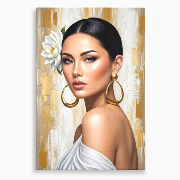 Leinwandbilder Premium, LuxCanva® G1157, Frau mit goldenen Ohrringen, Feminin, Eleganz, Blume, Weiß, Gold, Blick, Katzenauge, Katzenauge, Latina, Jasmin, Schmuck, Zeitlos, Büro, Wohnzimmer, Schlafzimmer