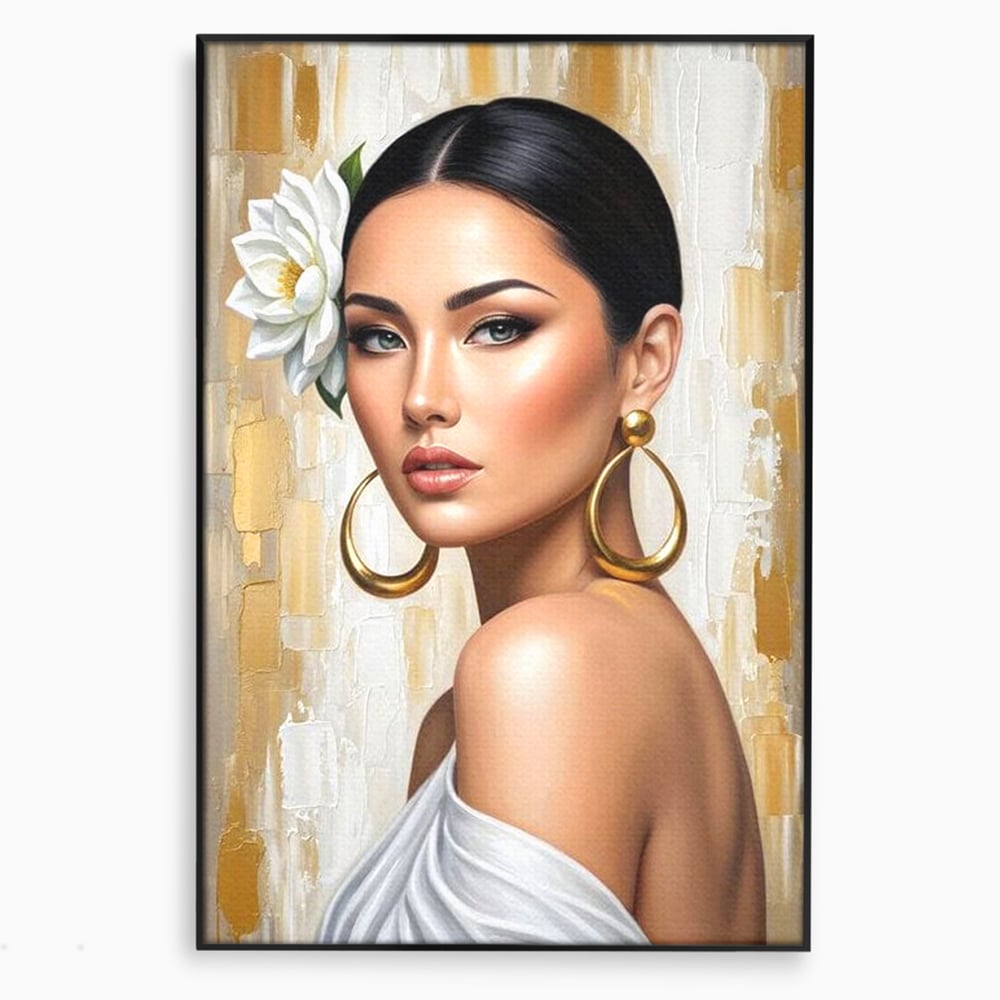 Leinwandbilder Premium, LuxCanva® G1157, Frau mit goldenen Ohrringen, Feminin, Eleganz, Blume, Weiß, Gold, Blick, Katzenauge, Katzenauge, Latina, Jasmin, Schmuck, Zeitlos, Büro, Wohnzimmer, Schlafzimmer