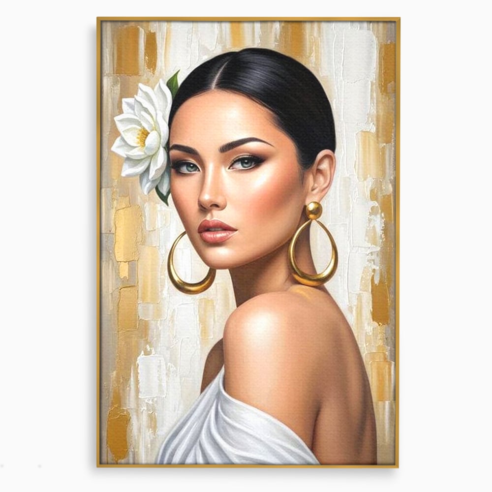 Leinwandbilder Premium, LuxCanva® G1157, Frau mit goldenen Ohrringen, Feminin, Eleganz, Blume, Weiß, Gold, Blick, Katzenauge, Katzenauge, Latina, Jasmin, Schmuck, Zeitlos, Büro, Wohnzimmer, Schlafzimmer