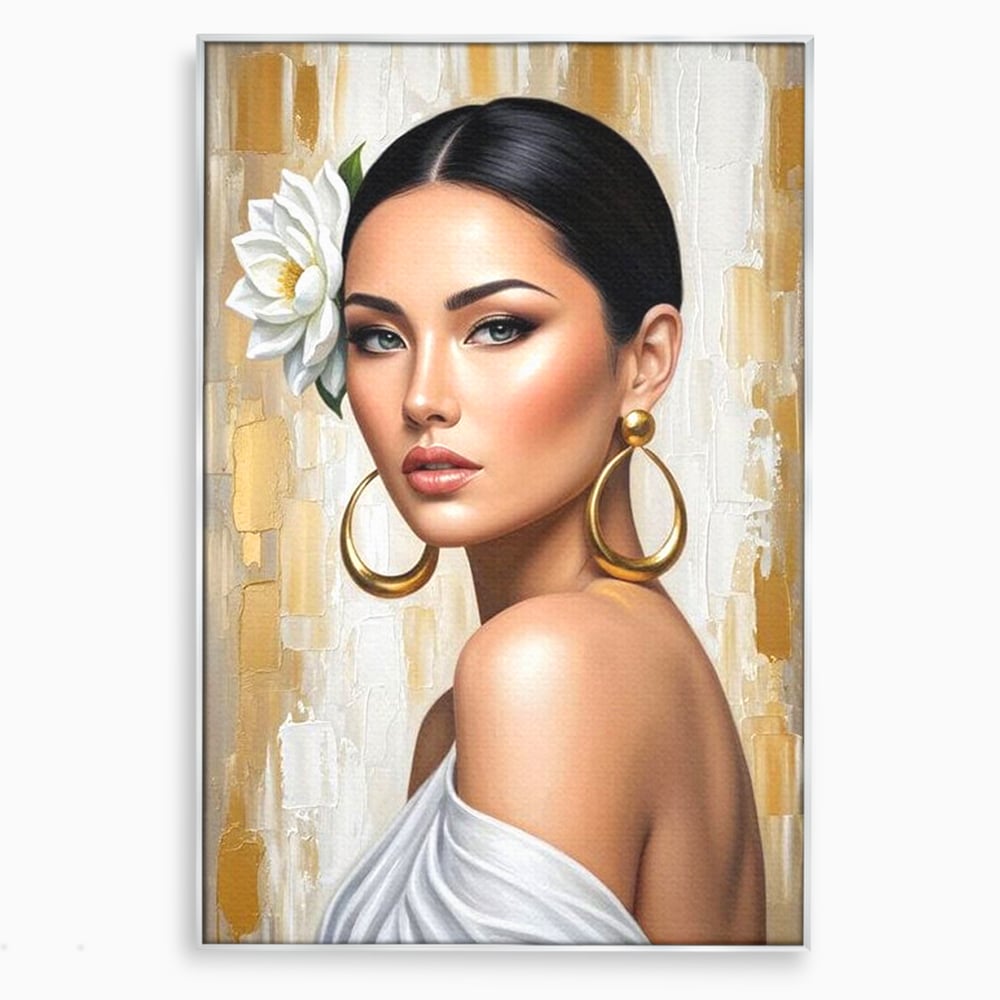 Leinwandbilder Premium, LuxCanva® G1157, Frau mit goldenen Ohrringen, Feminin, Eleganz, Blume, Weiß, Gold, Blick, Katzenauge, Katzenauge, Latina, Jasmin, Schmuck, Zeitlos, Büro, Wohnzimmer, Schlafzimmer