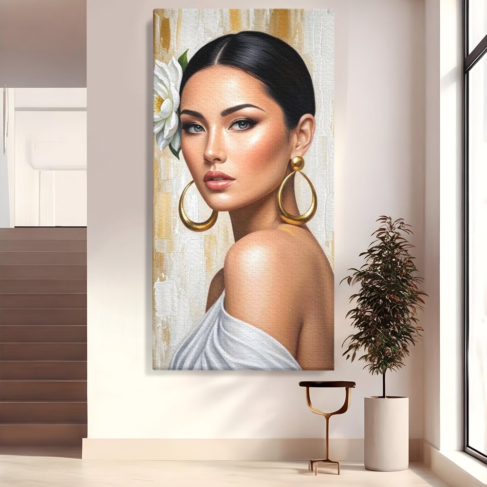Leinwandbilder Premium, LuxCanva® G1157, Frau mit goldenen Ohrringen, Feminin, Eleganz, Blume, Weiß, Gold, Blick, Katzenauge, Katzenauge, Latina, Jasmin, Schmuck, Zeitlos, Büro, Wohnzimmer, Schlafzimmer