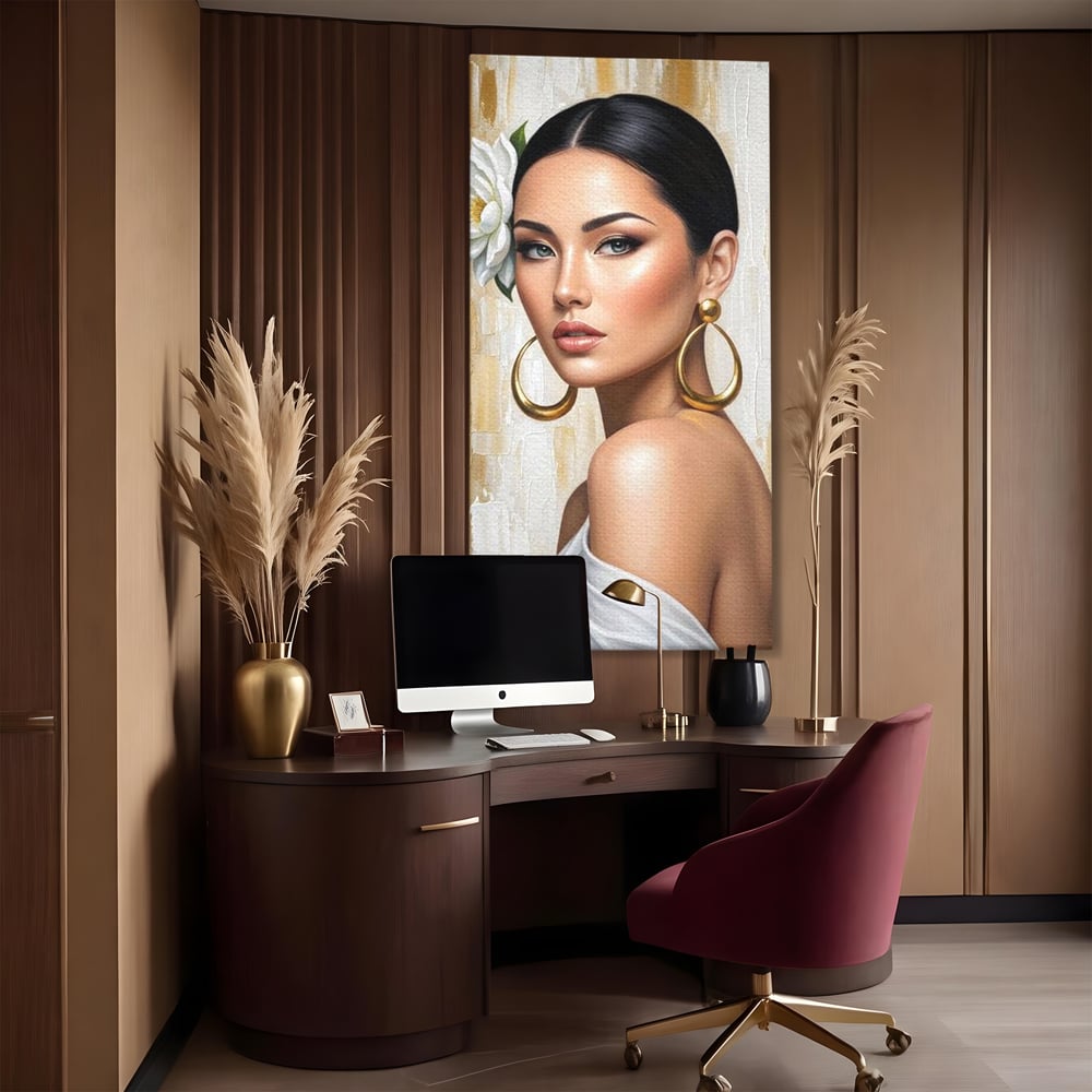 Leinwandbilder Premium, LuxCanva® G1157, Frau mit goldenen Ohrringen, Feminin, Eleganz, Blume, Weiß, Gold, Blick, Katzenauge, Katzenauge, Latina, Jasmin, Schmuck, Zeitlos, Büro, Wohnzimmer, Schlafzimmer