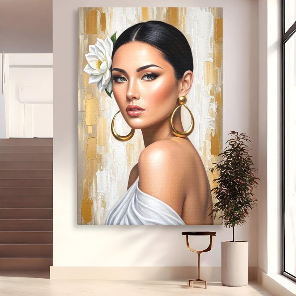 Leinwandbilder Premium, LuxCanva® G1157, Frau mit goldenen Ohrringen, Feminin, Eleganz, Blume, Weiß, Gold, Blick, Katzenauge, Katzenauge, Latina, Jasmin, Schmuck, Zeitlos, Büro, Wohnzimmer, Schlafzimmer