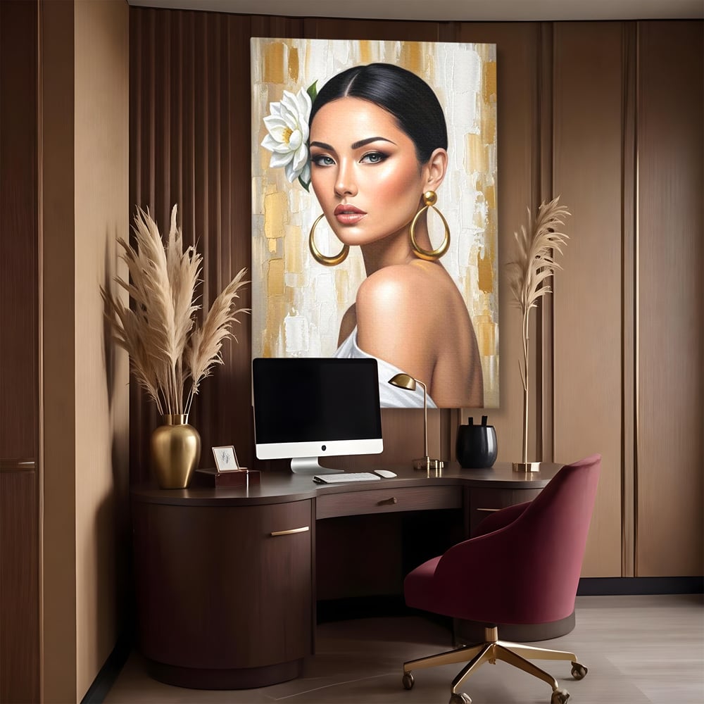 Leinwandbilder Premium, LuxCanva® G1157, Frau mit goldenen Ohrringen, Feminin, Eleganz, Blume, Weiß, Gold, Blick, Katzenauge, Katzenauge, Latina, Jasmin, Schmuck, Zeitlos, Büro, Wohnzimmer, Schlafzimmer
