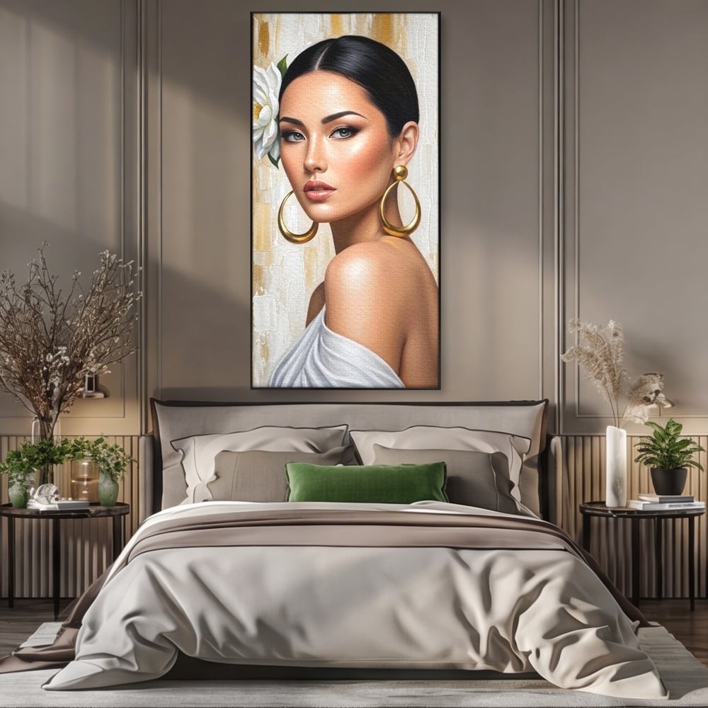 Leinwandbilder Premium, LuxCanva® G1157, Frau mit goldenen Ohrringen, Feminin, Eleganz, Blume, Weiß, Gold, Blick, Katzenauge, Katzenauge, Latina, Jasmin, Schmuck, Zeitlos, Büro, Wohnzimmer, Schlafzimmer