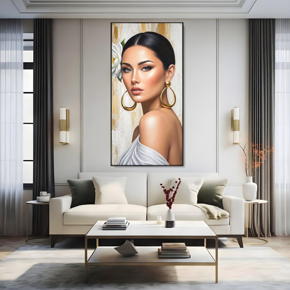 Leinwandbilder Premium, LuxCanva® G1157, Frau mit goldenen Ohrringen, Feminin, Eleganz, Blume, Weiß, Gold, Blick, Katzenauge, Katzenauge, Latina, Jasmin, Schmuck, Zeitlos, Büro, Wohnzimmer, Schlafzimmer