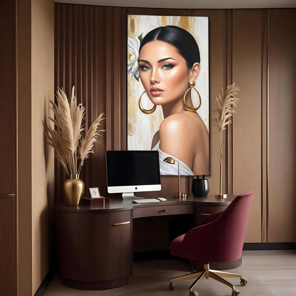 Leinwandbilder Premium, LuxCanva® G1157, Frau mit goldenen Ohrringen, Feminin, Eleganz, Blume, Weiß, Gold, Blick, Katzenauge, Katzenauge, Latina, Jasmin, Schmuck, Zeitlos, Büro, Wohnzimmer, Schlafzimmer