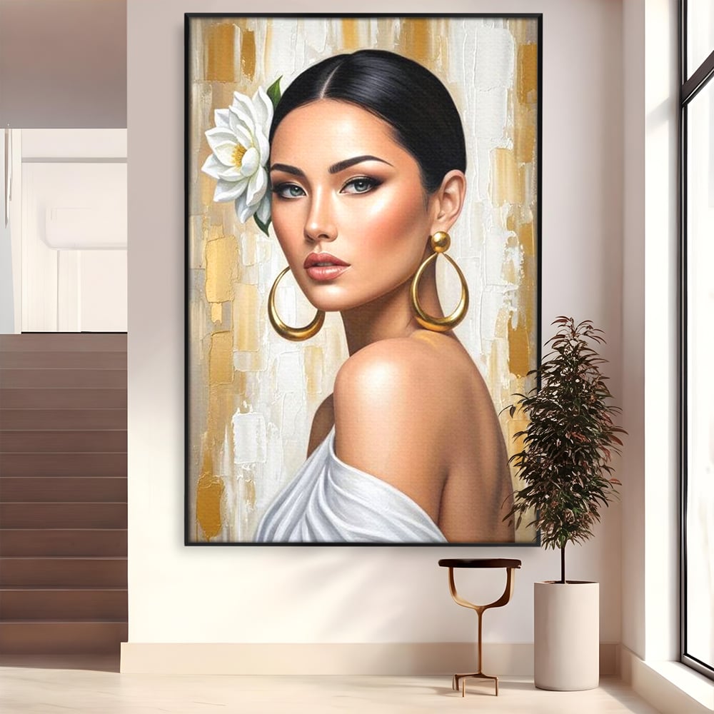 Leinwandbilder Premium, LuxCanva® G1157, Frau mit goldenen Ohrringen, Feminin, Eleganz, Blume, Weiß, Gold, Blick, Katzenauge, Katzenauge, Latina, Jasmin, Schmuck, Zeitlos, Büro, Wohnzimmer, Schlafzimmer