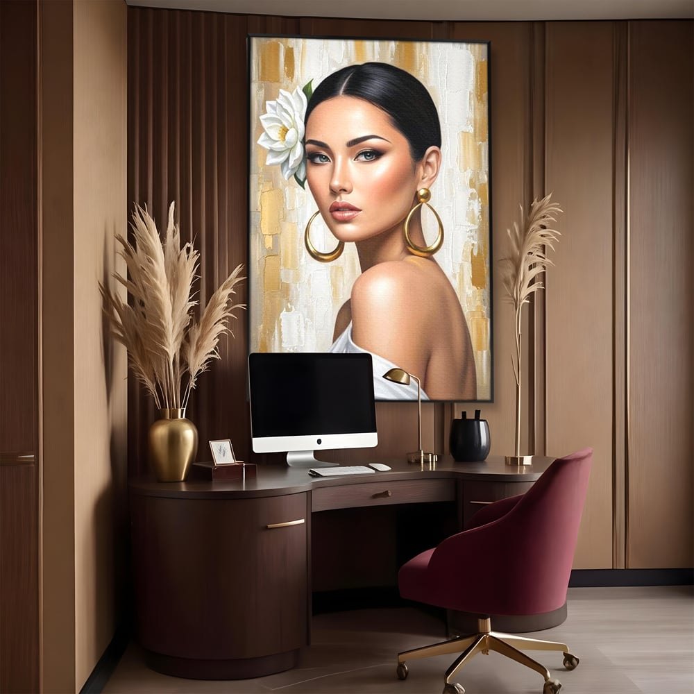 Leinwandbilder Premium, LuxCanva® G1157, Frau mit goldenen Ohrringen, Feminin, Eleganz, Blume, Weiß, Gold, Blick, Katzenauge, Katzenauge, Latina, Jasmin, Schmuck, Zeitlos, Büro, Wohnzimmer, Schlafzimmer