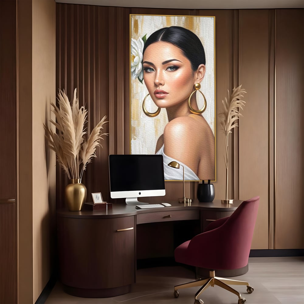 Leinwandbilder Premium, LuxCanva® G1157, Frau mit goldenen Ohrringen, Feminin, Eleganz, Blume, Weiß, Gold, Blick, Katzenauge, Katzenauge, Latina, Jasmin, Schmuck, Zeitlos, Büro, Wohnzimmer, Schlafzimmer
