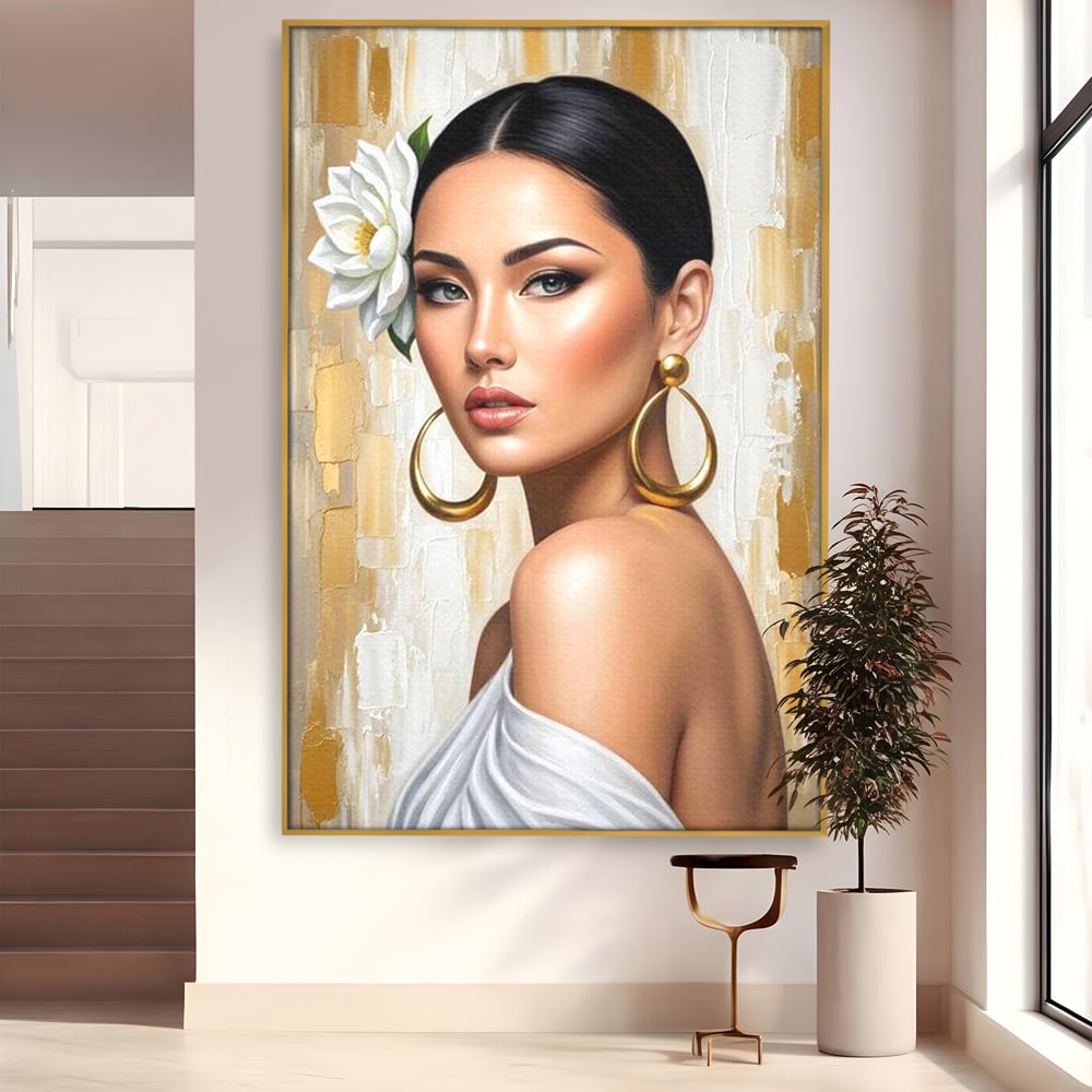 Leinwandbilder Premium, LuxCanva® G1157, Frau mit goldenen Ohrringen, Feminin, Eleganz, Blume, Weiß, Gold, Blick, Katzenauge, Katzenauge, Latina, Jasmin, Schmuck, Zeitlos, Büro, Wohnzimmer, Schlafzimmer