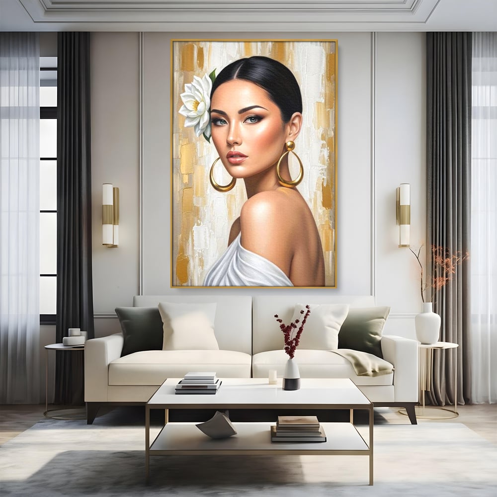 Leinwandbilder Premium, LuxCanva® G1157, Frau mit goldenen Ohrringen, Feminin, Eleganz, Blume, Weiß, Gold, Blick, Katzenauge, Katzenauge, Latina, Jasmin, Schmuck, Zeitlos, Büro, Wohnzimmer, Schlafzimmer