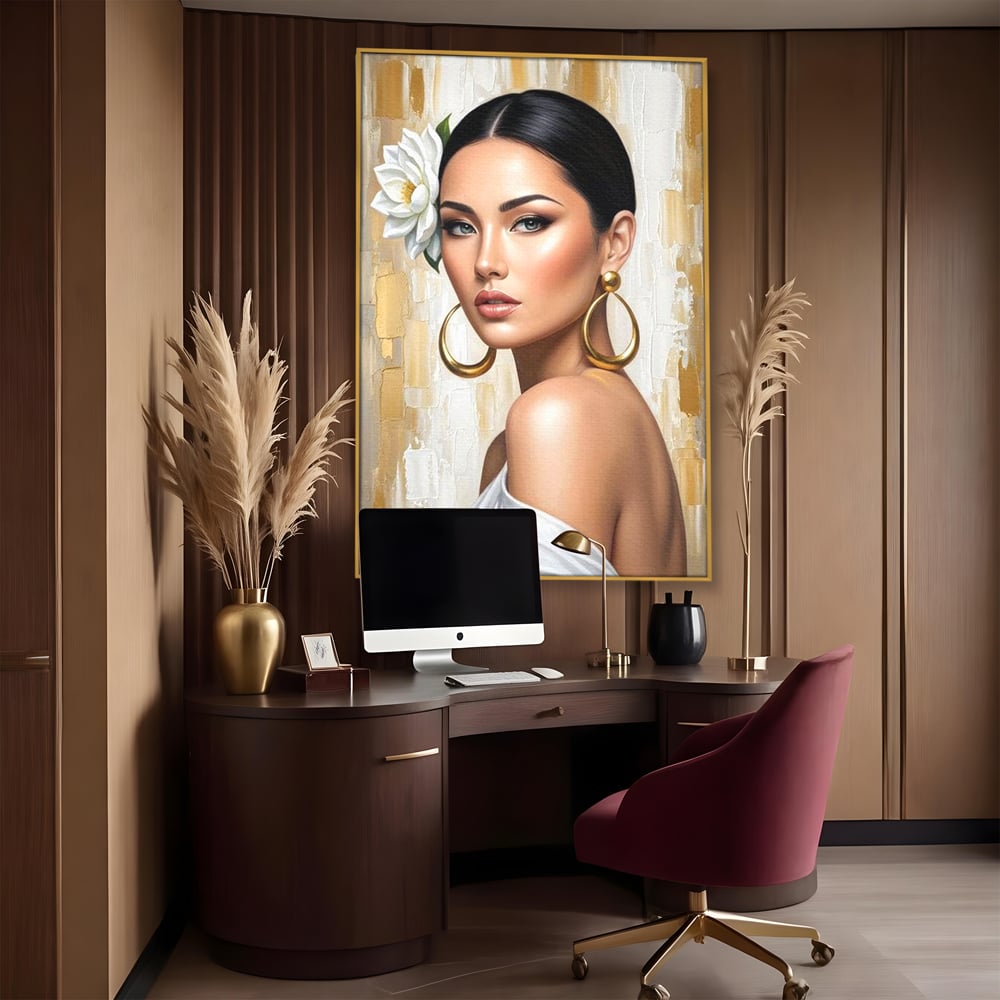 Leinwandbilder Premium, LuxCanva® G1157, Frau mit goldenen Ohrringen, Feminin, Eleganz, Blume, Weiß, Gold, Blick, Katzenauge, Katzenauge, Latina, Jasmin, Schmuck, Zeitlos, Büro, Wohnzimmer, Schlafzimmer