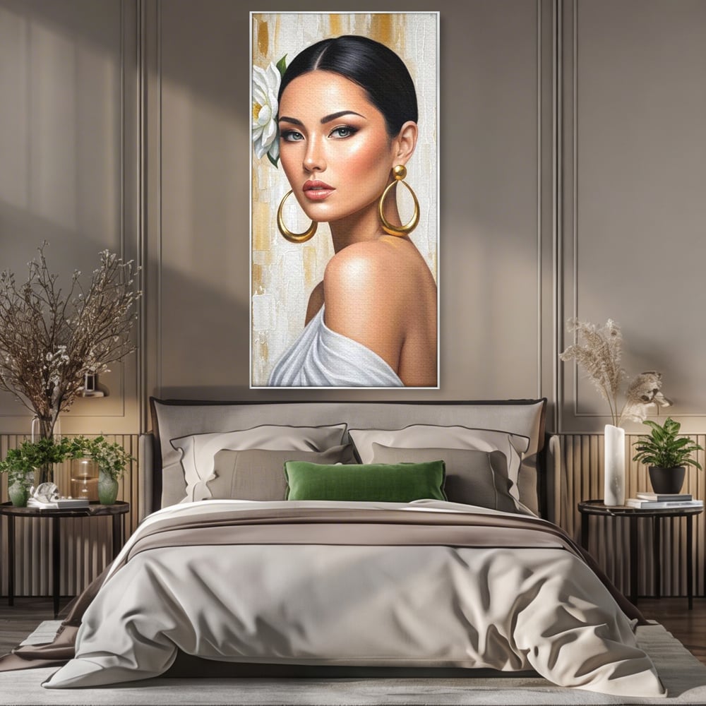 Leinwandbilder Premium, LuxCanva® G1157, Frau mit goldenen Ohrringen, Feminin, Eleganz, Blume, Weiß, Gold, Blick, Katzenauge, Katzenauge, Latina, Jasmin, Schmuck, Zeitlos, Büro, Wohnzimmer, Schlafzimmer