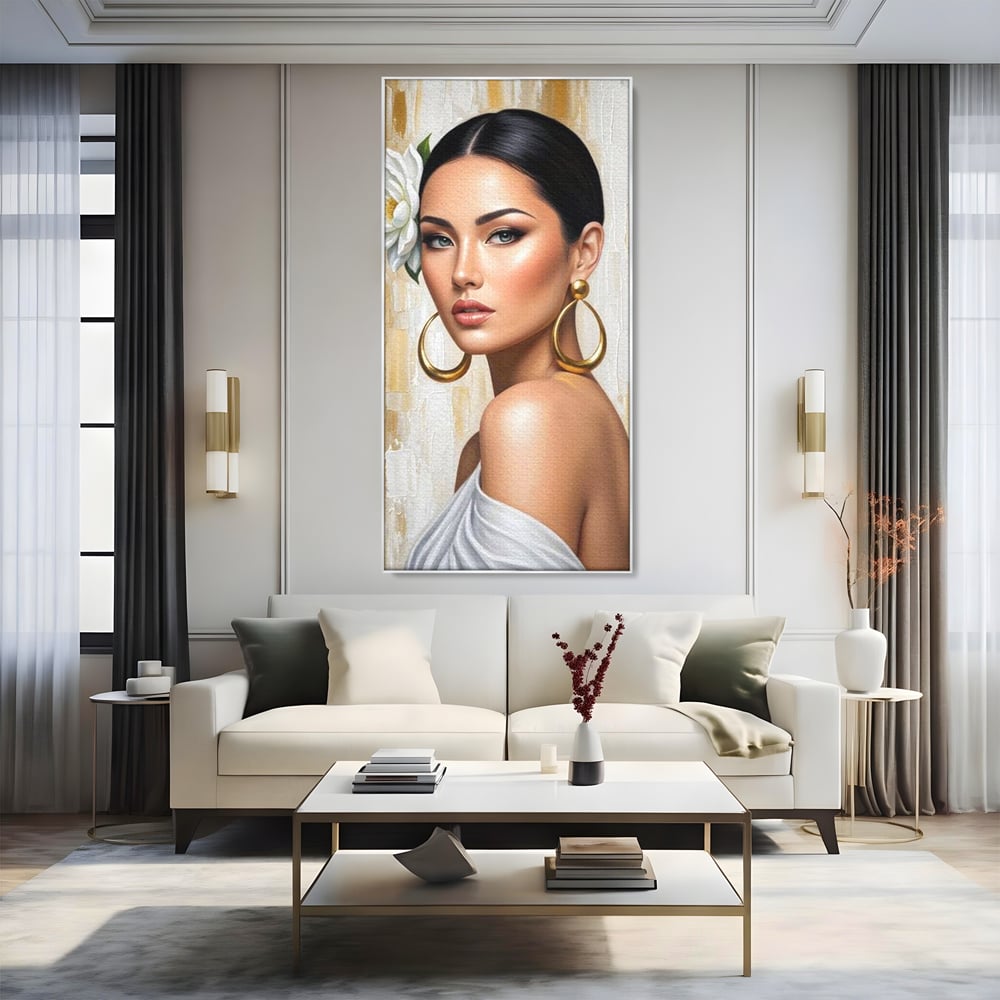 Leinwandbilder Premium, LuxCanva® G1157, Frau mit goldenen Ohrringen, Feminin, Eleganz, Blume, Weiß, Gold, Blick, Katzenauge, Katzenauge, Latina, Jasmin, Schmuck, Zeitlos, Büro, Wohnzimmer, Schlafzimmer