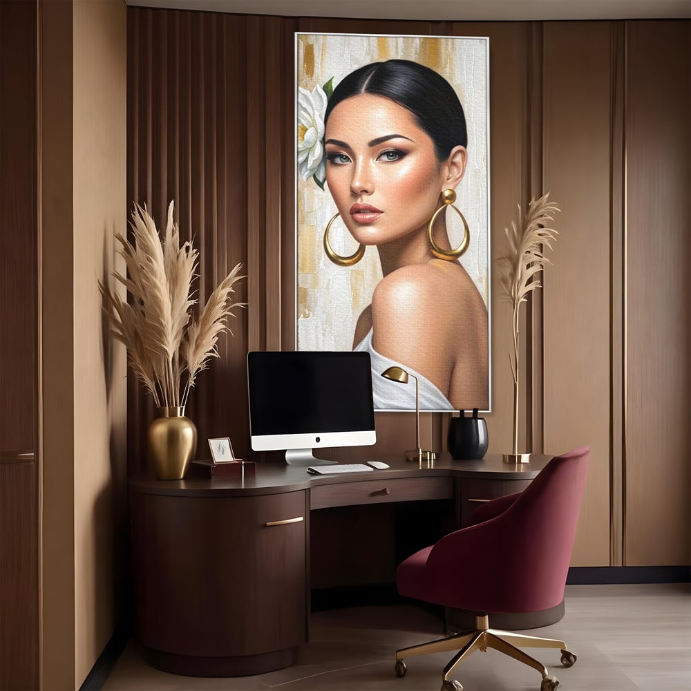 Leinwandbilder Premium, LuxCanva® G1157, Frau mit goldenen Ohrringen, Feminin, Eleganz, Blume, Weiß, Gold, Blick, Katzenauge, Katzenauge, Latina, Jasmin, Schmuck, Zeitlos, Büro, Wohnzimmer, Schlafzimmer