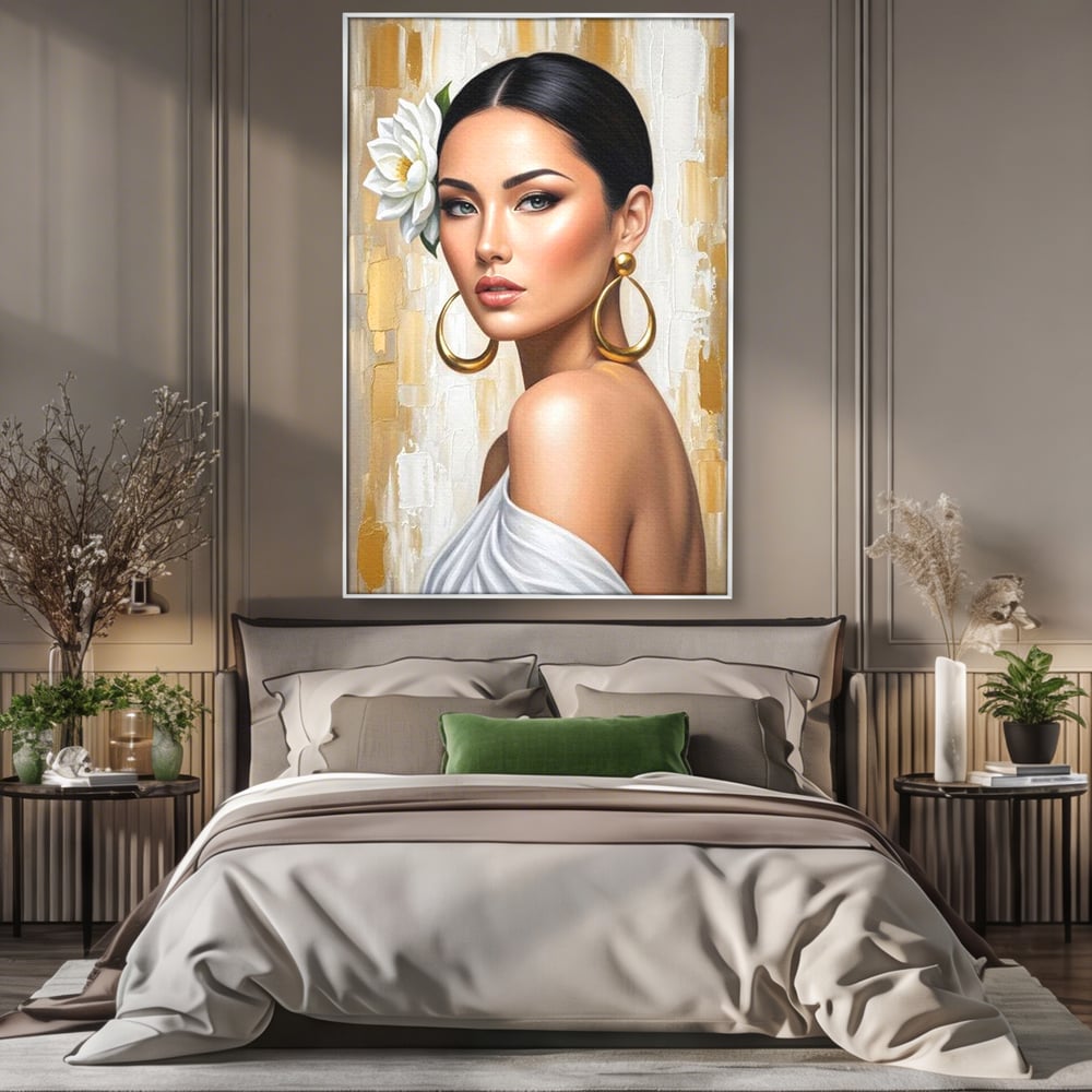 Leinwandbilder Premium, LuxCanva® G1157, Frau mit goldenen Ohrringen, Feminin, Eleganz, Blume, Weiß, Gold, Blick, Katzenauge, Katzenauge, Latina, Jasmin, Schmuck, Zeitlos, Büro, Wohnzimmer, Schlafzimmer
