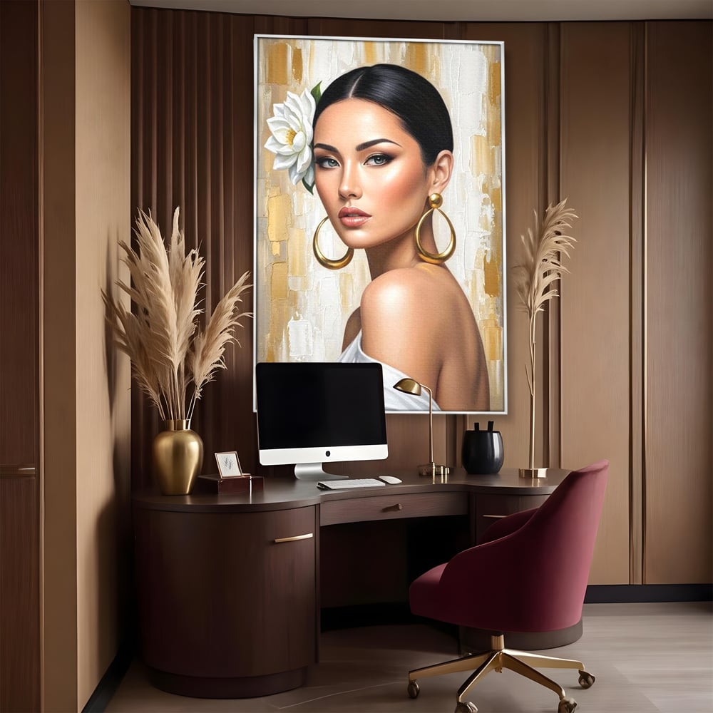 Leinwandbilder Premium, LuxCanva® G1157, Frau mit goldenen Ohrringen, Feminin, Eleganz, Blume, Weiß, Gold, Blick, Katzenauge, Katzenauge, Latina, Jasmin, Schmuck, Zeitlos, Büro, Wohnzimmer, Schlafzimmer