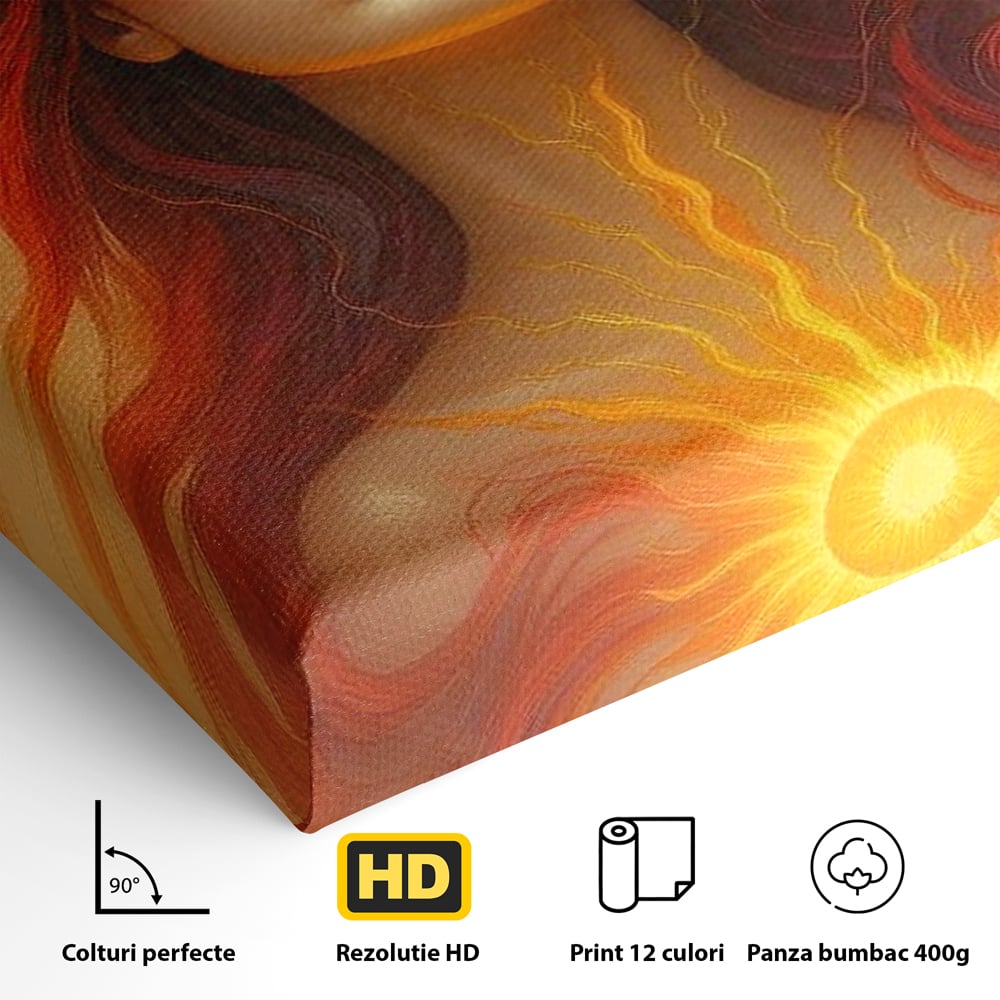 Leinwand Wandkunst Premium, LuxCanva® G1158, Göttin des Feuers, Flammen, Sonne, Chakren, Rot, Gold, Energie, Solar, Strahlen, Reinheit, Symbolik, Mystik, Aura, Meditation, Zen, Büro, Wohnen, Schlafzimmer