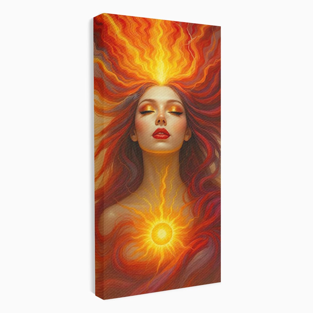 Leinwand Wandkunst Premium, LuxCanva® G1158, Göttin des Feuers, Flammen, Sonne, Chakren, Rot, Gold, Energie, Solar, Strahlen, Reinheit, Symbolik, Mystik, Aura, Meditation, Zen, Büro, Wohnen, Schlafzimmer