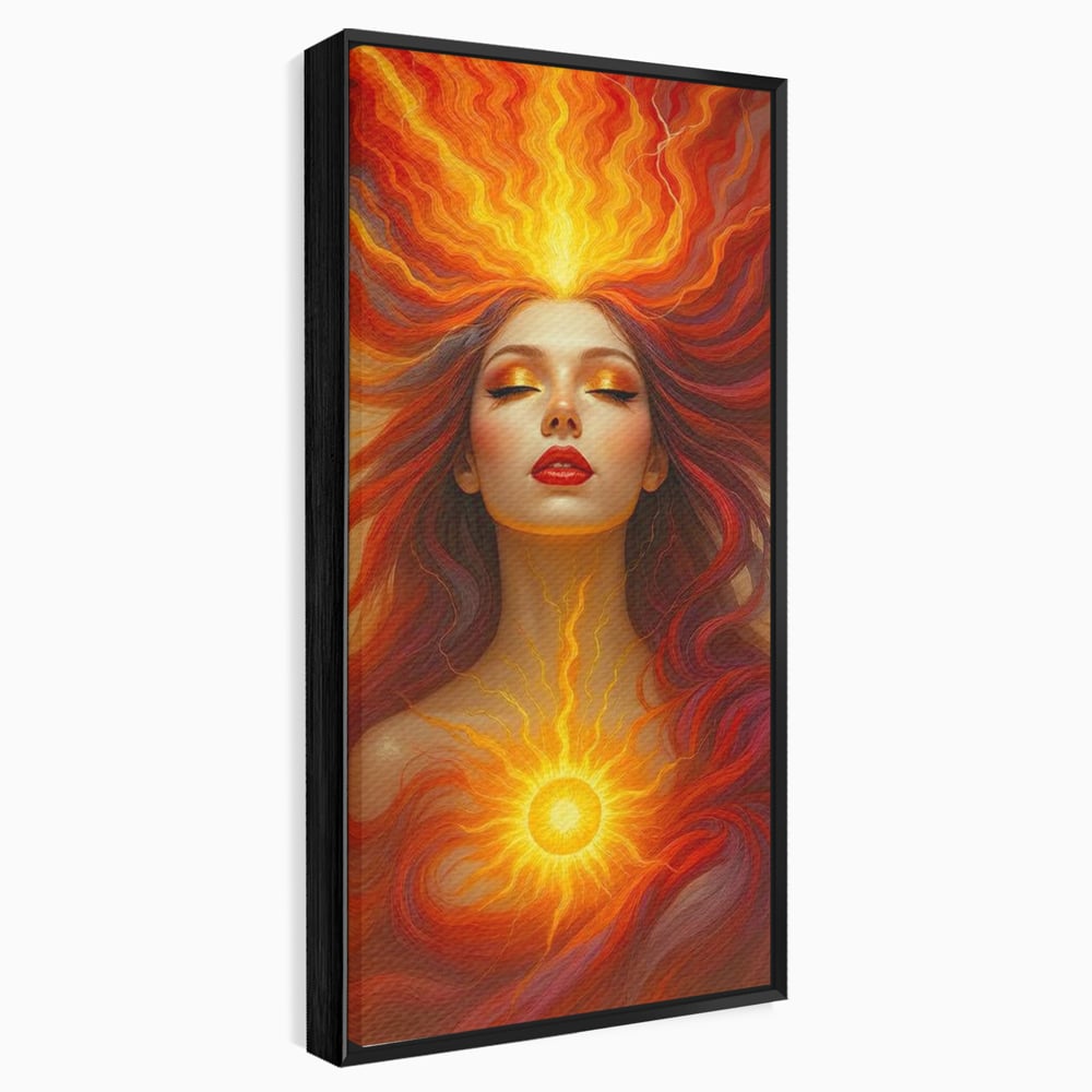 Leinwand Wandkunst Premium, LuxCanva® G1158, Göttin des Feuers, Flammen, Sonne, Chakren, Rot, Gold, Energie, Solar, Strahlen, Reinheit, Symbolik, Mystik, Aura, Meditation, Zen, Büro, Wohnen, Schlafzimmer