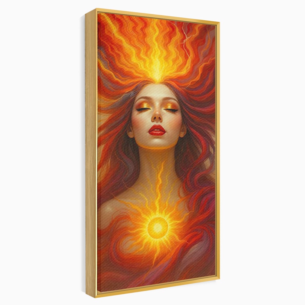 Leinwand Wandkunst Premium, LuxCanva® G1158, Göttin des Feuers, Flammen, Sonne, Chakren, Rot, Gold, Energie, Solar, Strahlen, Reinheit, Symbolik, Mystik, Aura, Meditation, Zen, Büro, Wohnen, Schlafzimmer